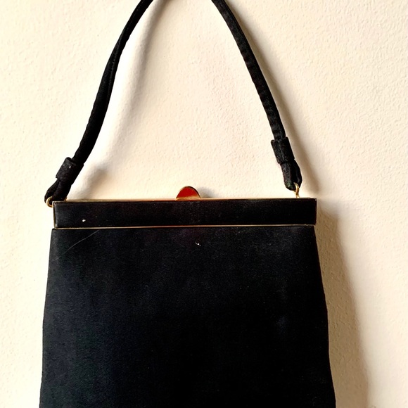 Vintage Black Satin Handbag with Rhinestone Brooch - Picture 2 of 4